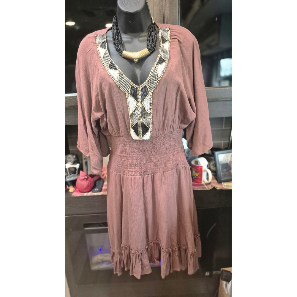Venus Brown Boho Beaded V-Neck Smocked Waist Ruffle Hem Mini Dress Womens Small - Picture 3 of 15
